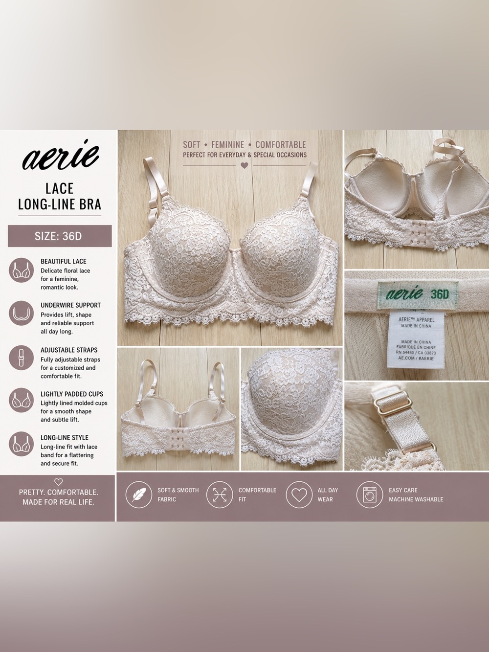 Aerie 36D Ivory Lace Longline Bra Underwire Push Up Balconette Bralette Cream